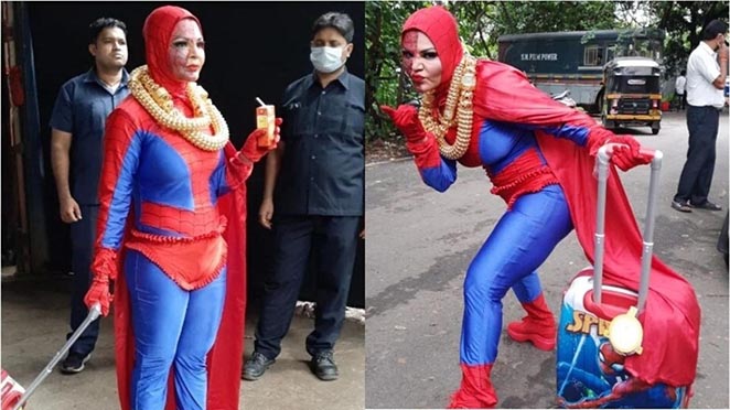 Rakhi Sawant Protests As Spider-Woman In Front Of Bigg Boss OTT House