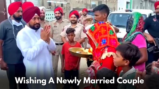 Chief Minister Of Punjab Charanjit Singh Channi Stops His Caravan To Wish A Newly Married Couple On Their Way