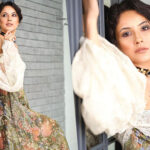 Shehnaaz Gill Spreading Charm All Around In Her Off-Shoulder Vintage Gown!