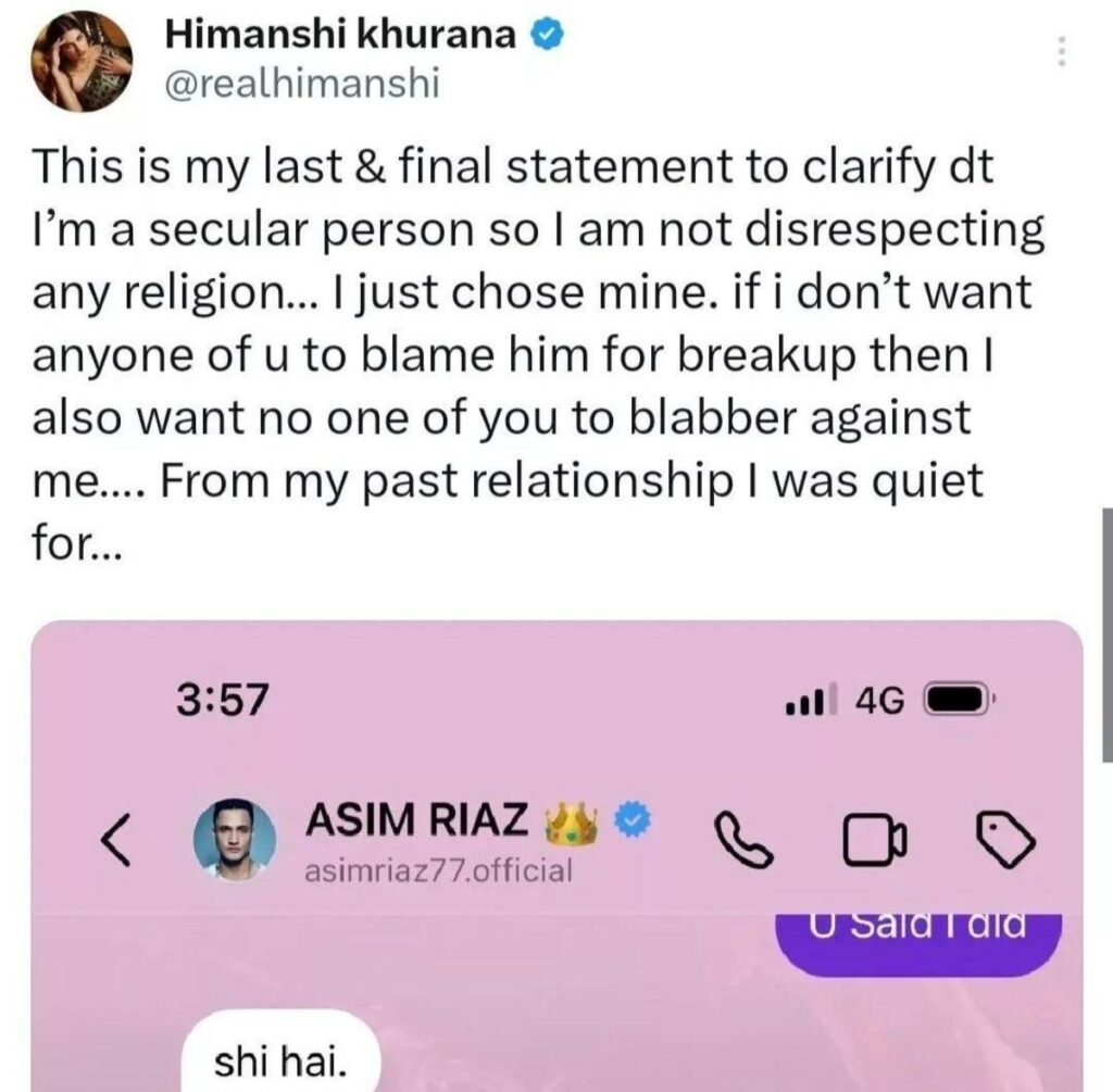 Himanshi Khurana And Asim Riaz Breakup Over Religious Beliefs; Shared Personal Chat Screenshots