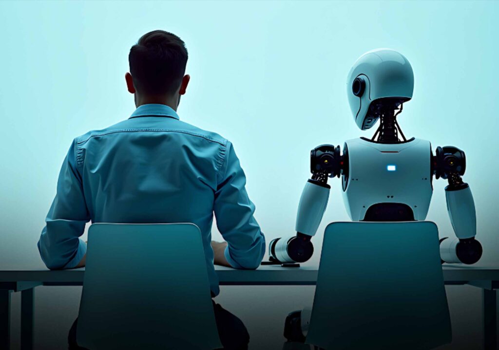 Hands typing on laptop showing Microsoft AI job impact list in action AI chatbot interface reflecting Microsoft AI job impact list findings