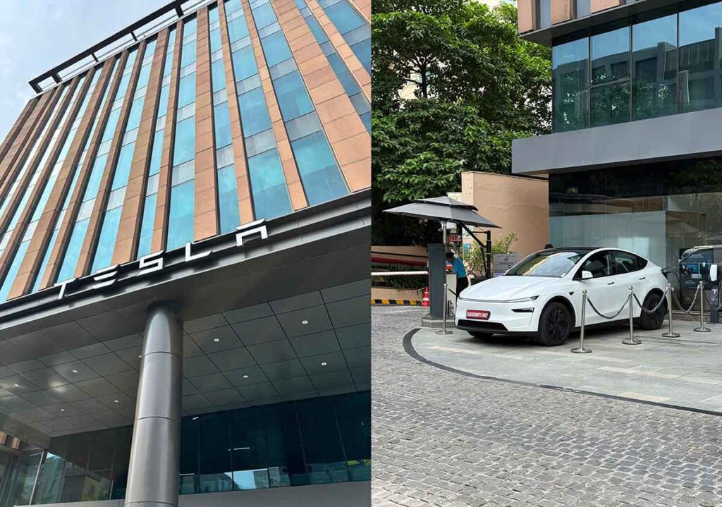 प्रदर्शन पर मॉडल वाई के साथ एरोसिटी में टेस्ला दिल्ली शोरूम का बाहरी दृश्य