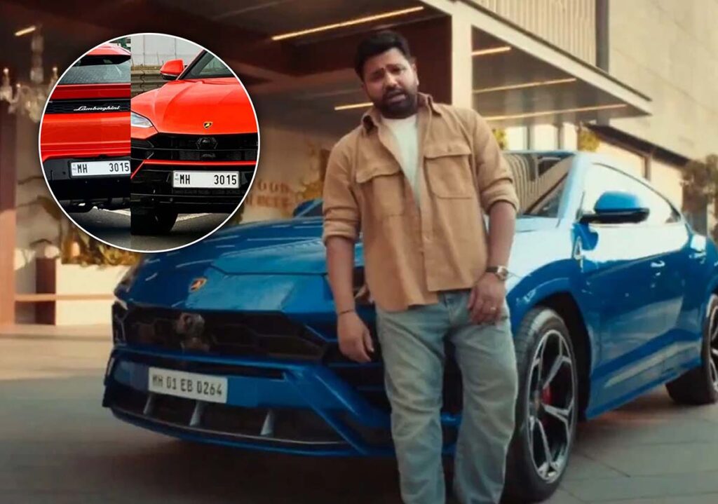 3015 प्लेट के साथ रोहित शर्मा की लाल लेम्बोर्गिनी उरस, अपने बच्चों को समर्पित है