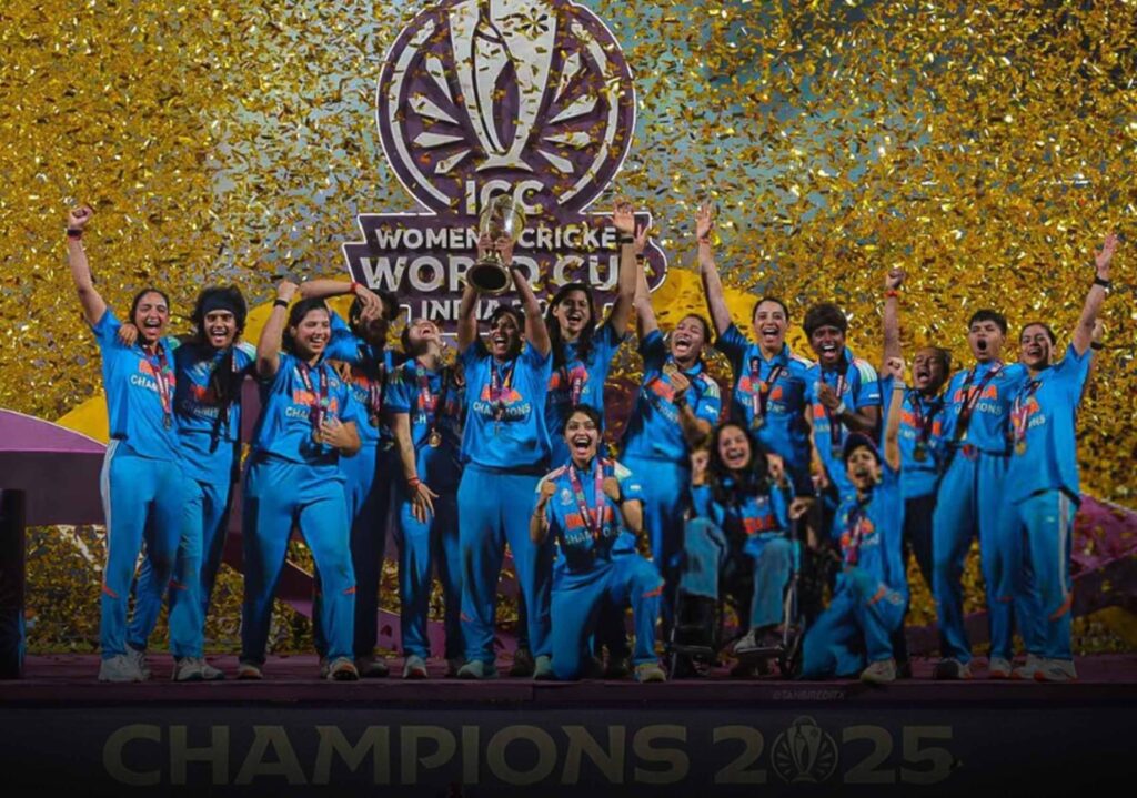 Indian team celebrates after winning the Women’s World Cup 2025 title in Navi Mumbai