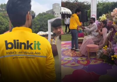 Man wearing Blinkit uniform at haldi function Blinkit haldi outfit